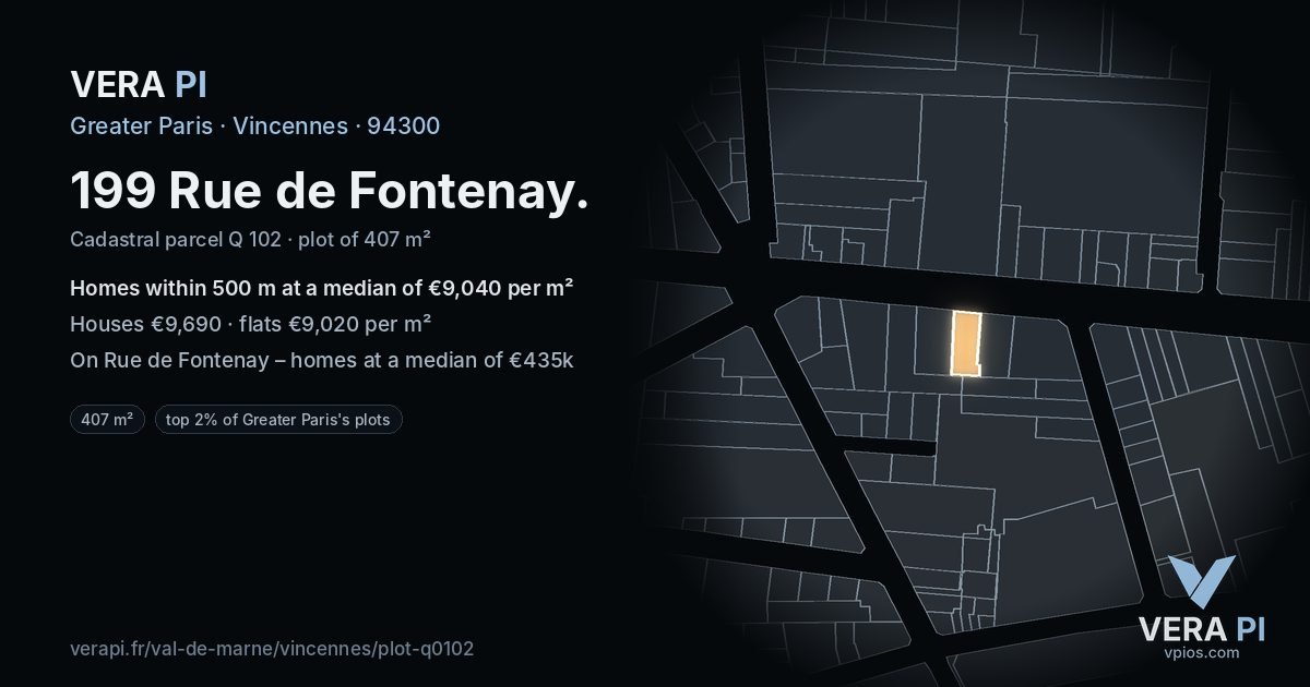 199 Rue de Fontenay, Vincennes at night – the plot lit, the parcels around coloured by the prices near them