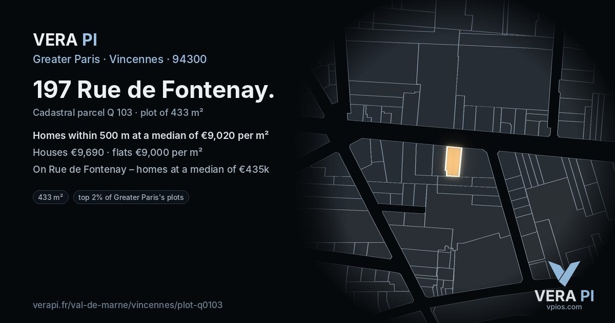 197 Rue de Fontenay, Vincennes at night – the plot lit, the parcels around coloured by the prices near them