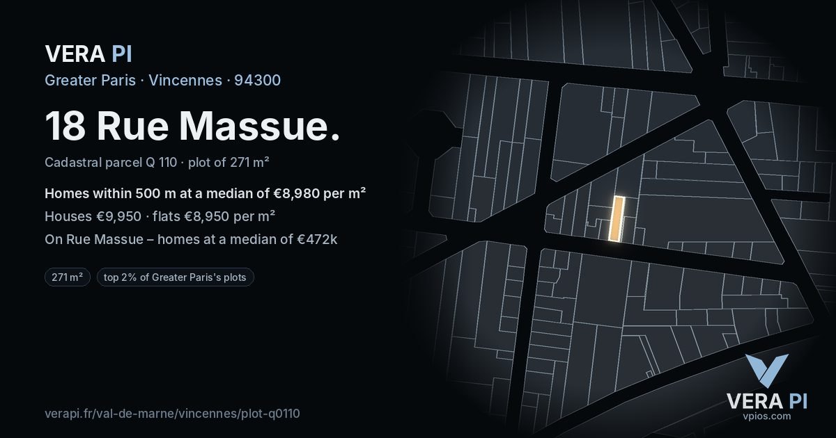 18 Rue Massue, Vincennes at night – the plot lit, the parcels around coloured by the prices near them