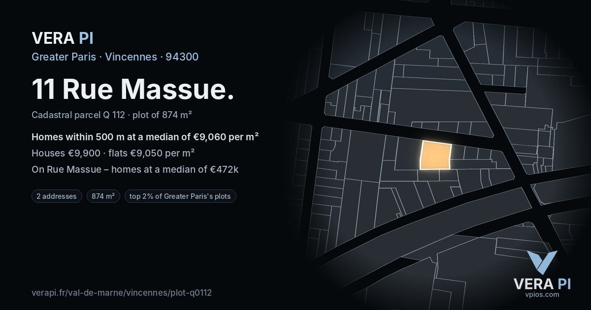 11 Rue Massue, Vincennes at night – the plot lit, the parcels around coloured by the prices near them