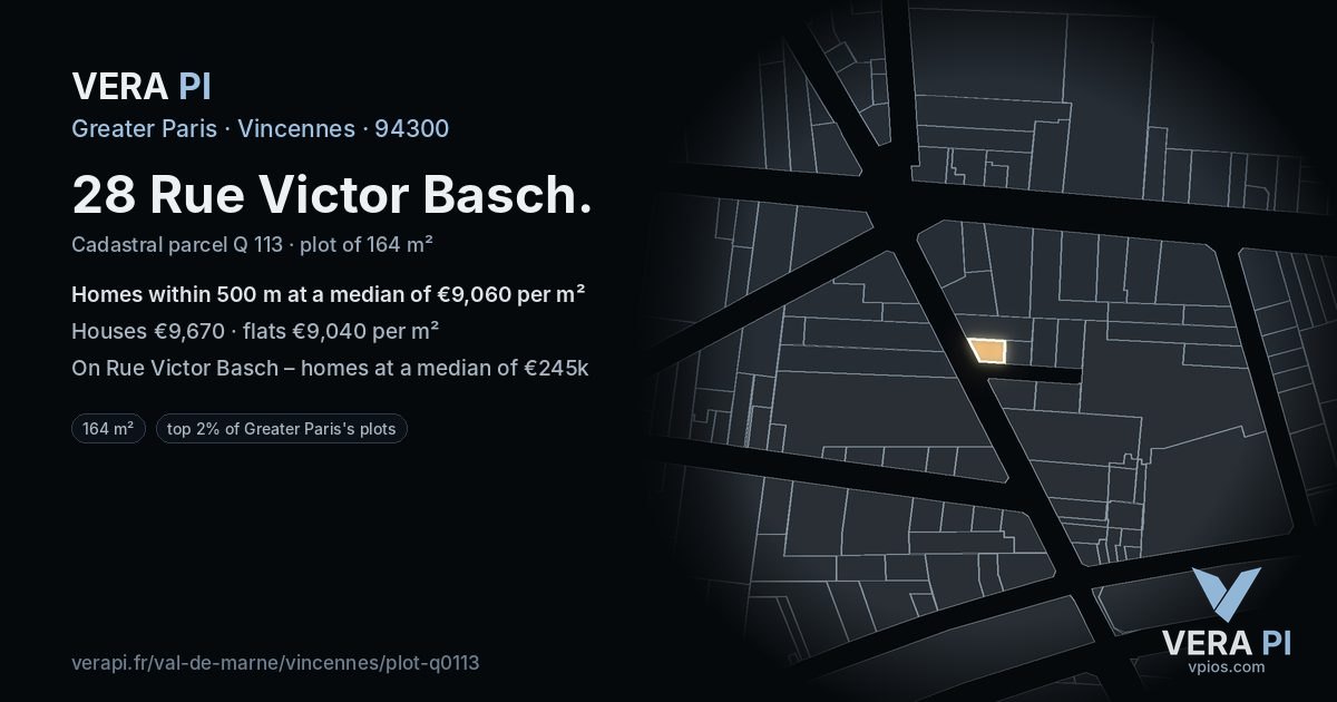 28 Rue Victor Basch, Vincennes at night – the plot lit, the parcels around coloured by the prices near them