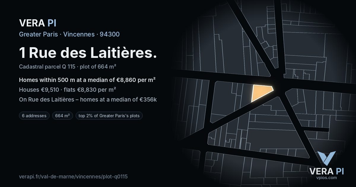 1 Rue des Laitières, Vincennes at night – the plot lit, the parcels around coloured by the prices near them