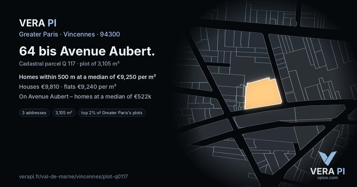 64 bis Avenue Aubert, Vincennes at night – the plot lit, the parcels around coloured by the prices near them