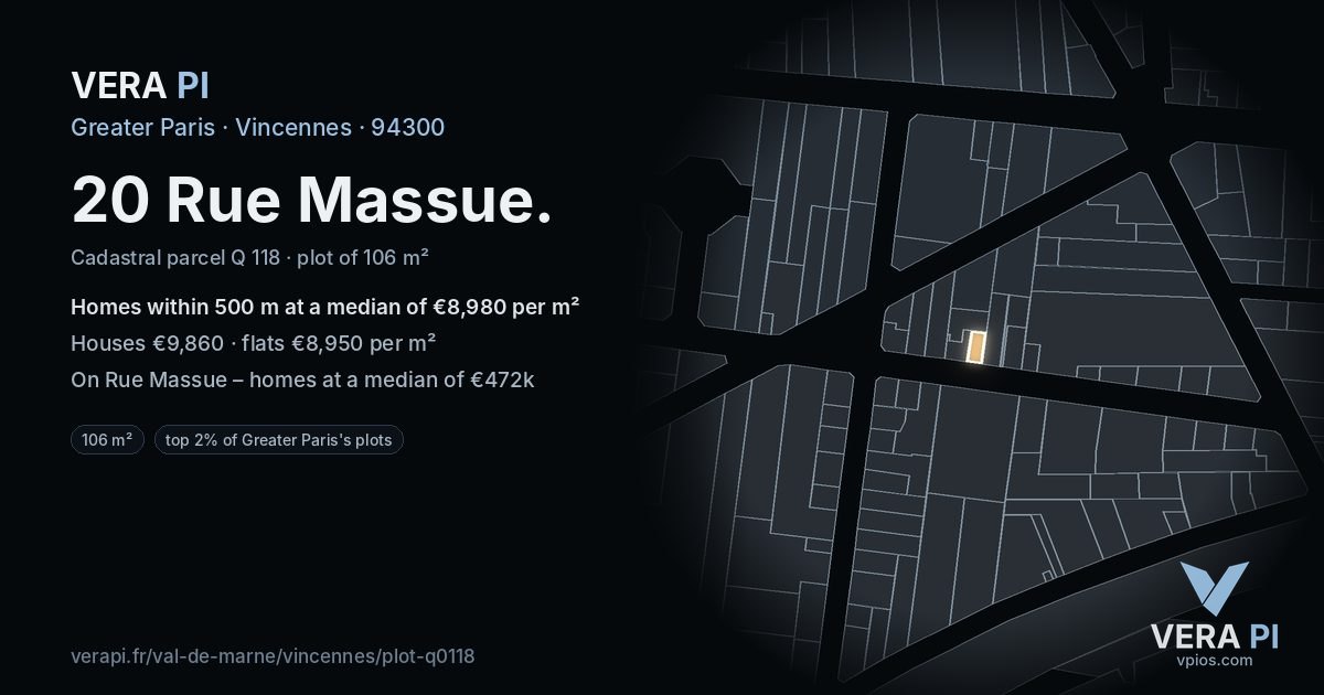 20 Rue Massue, Vincennes at night – the plot lit, the parcels around coloured by the prices near them