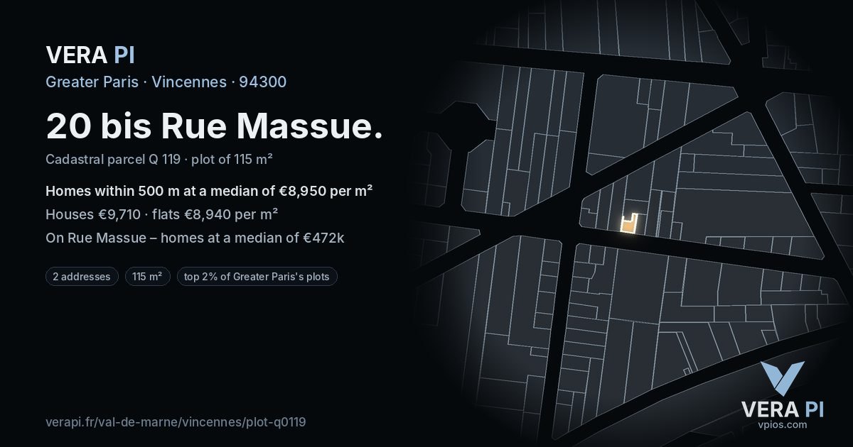 20 bis Rue Massue, Vincennes at night – the plot lit, the parcels around coloured by the prices near them