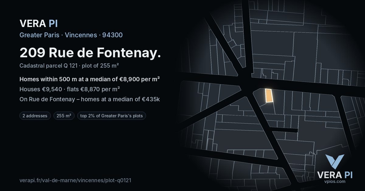 209 Rue de Fontenay, Vincennes at night – the plot lit, the parcels around coloured by the prices near them