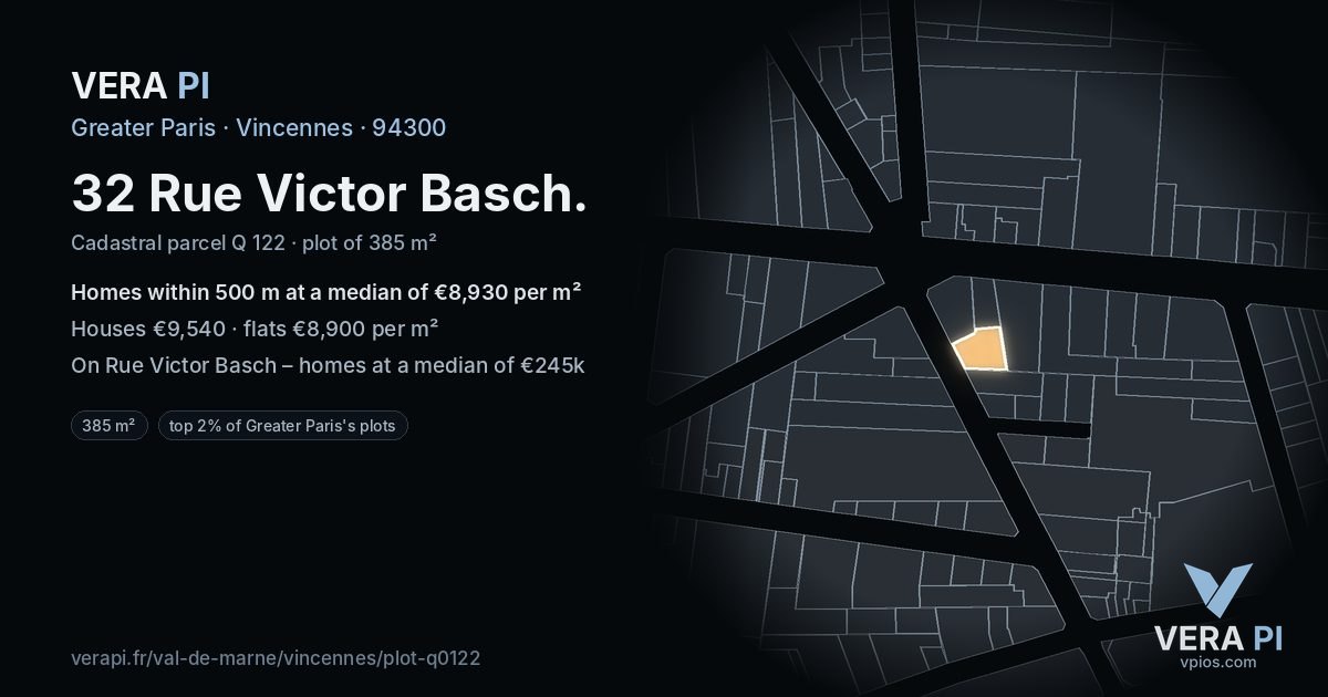32 Rue Victor Basch, Vincennes at night – the plot lit, the parcels around coloured by the prices near them