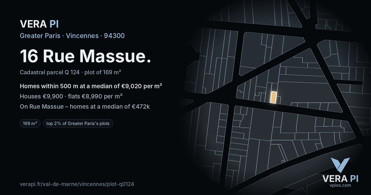 16 Rue Massue, Vincennes at night – the plot lit, the parcels around coloured by the prices near them