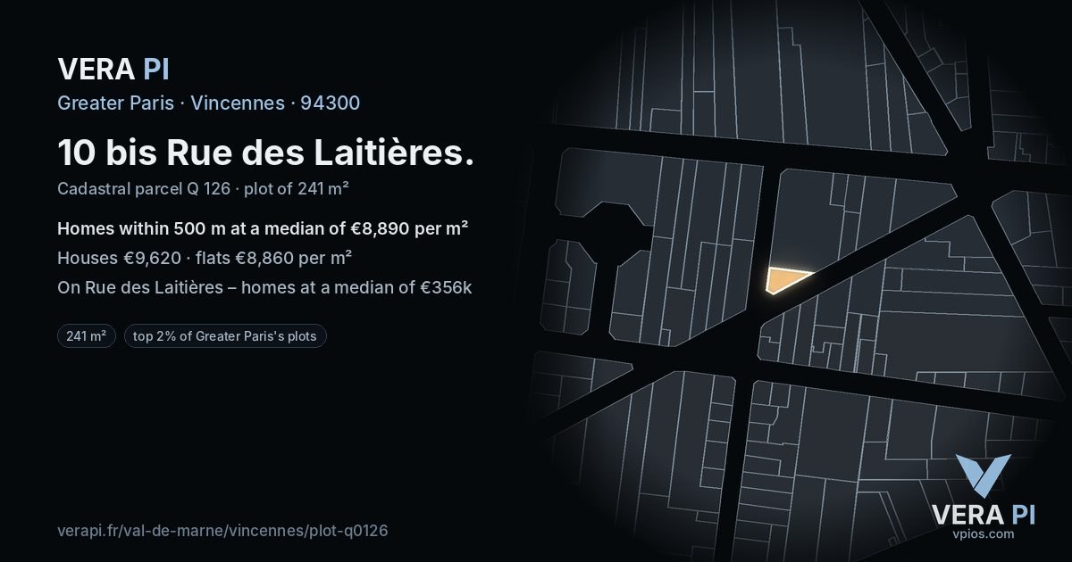 10 bis Rue des Laitières, Vincennes at night – the plot lit, the parcels around coloured by the prices near them