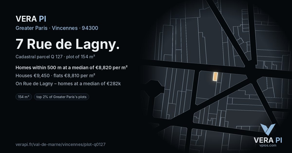 7 Rue de Lagny, Vincennes at night – the plot lit, the parcels around coloured by the prices near them