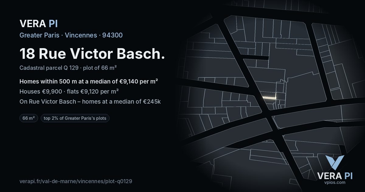 18 Rue Victor Basch, Vincennes at night – the plot lit, the parcels around coloured by the prices near them