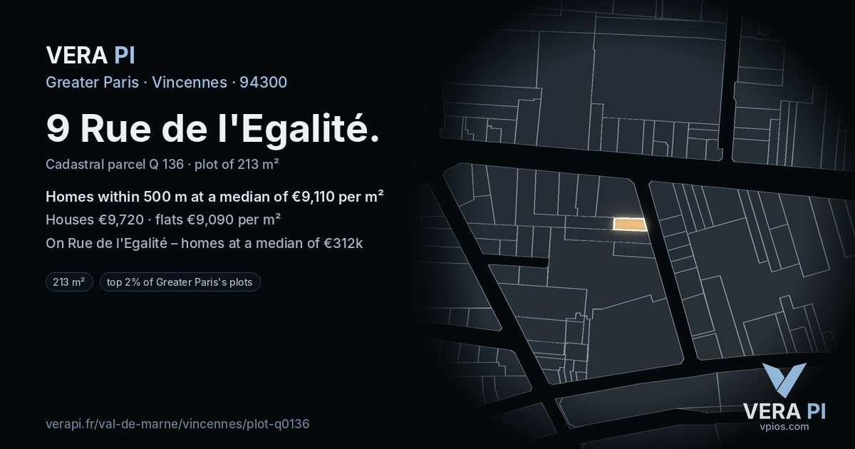 9 Rue de l'Egalité, Vincennes at night – the plot lit, the parcels around coloured by the prices near them