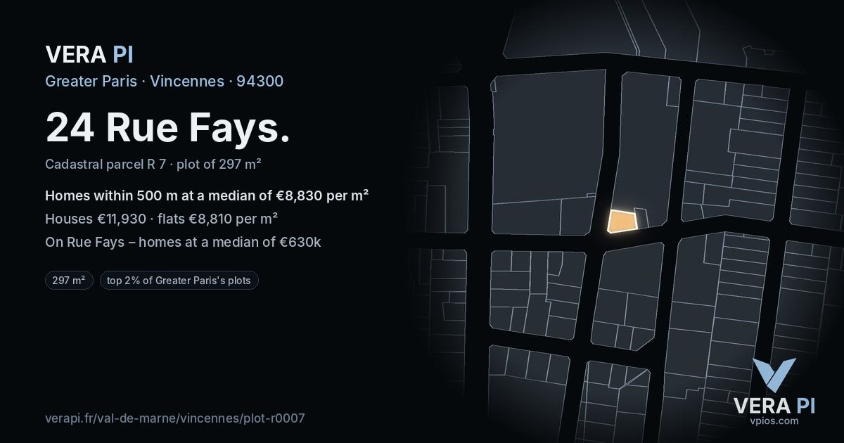24 Rue Fays, Vincennes at night – the plot lit, the parcels around coloured by the prices near them