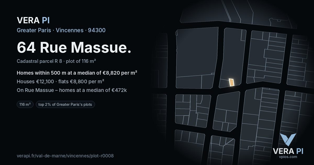 64 Rue Massue, Vincennes at night – the plot lit, the parcels around coloured by the prices near them