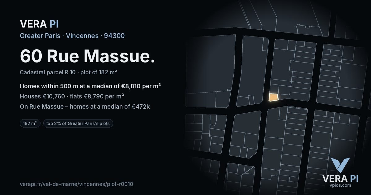 60 Rue Massue, Vincennes at night – the plot lit, the parcels around coloured by the prices near them