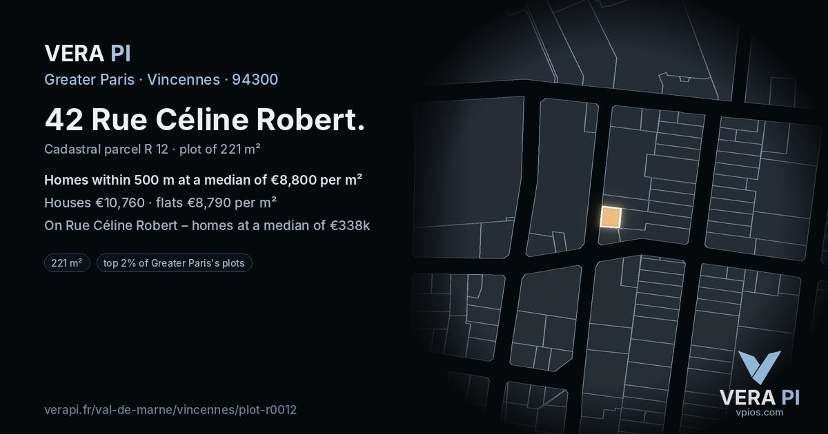 42 Rue Céline Robert, Vincennes at night – the plot lit, the parcels around coloured by the prices near them