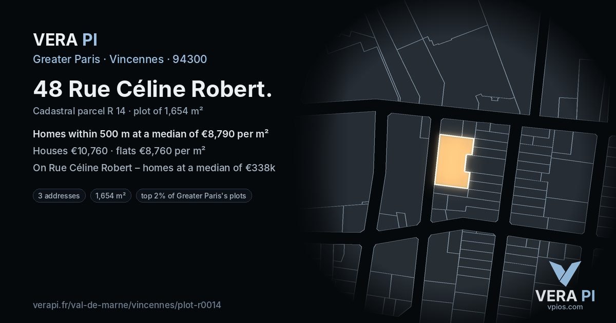 48 Rue Céline Robert, Vincennes at night – the plot lit, the parcels around coloured by the prices near them