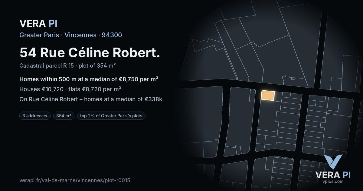 54 Rue Céline Robert, Vincennes at night – the plot lit, the parcels around coloured by the prices near them