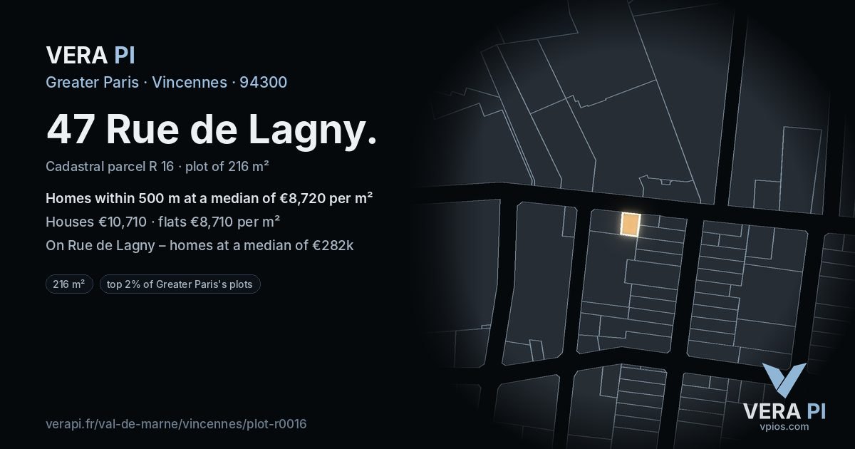 47 Rue de Lagny, Vincennes at night – the plot lit, the parcels around coloured by the prices near them