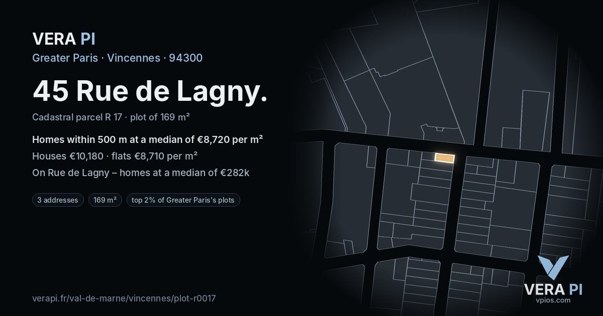 45 Rue de Lagny, Vincennes at night – the plot lit, the parcels around coloured by the prices near them