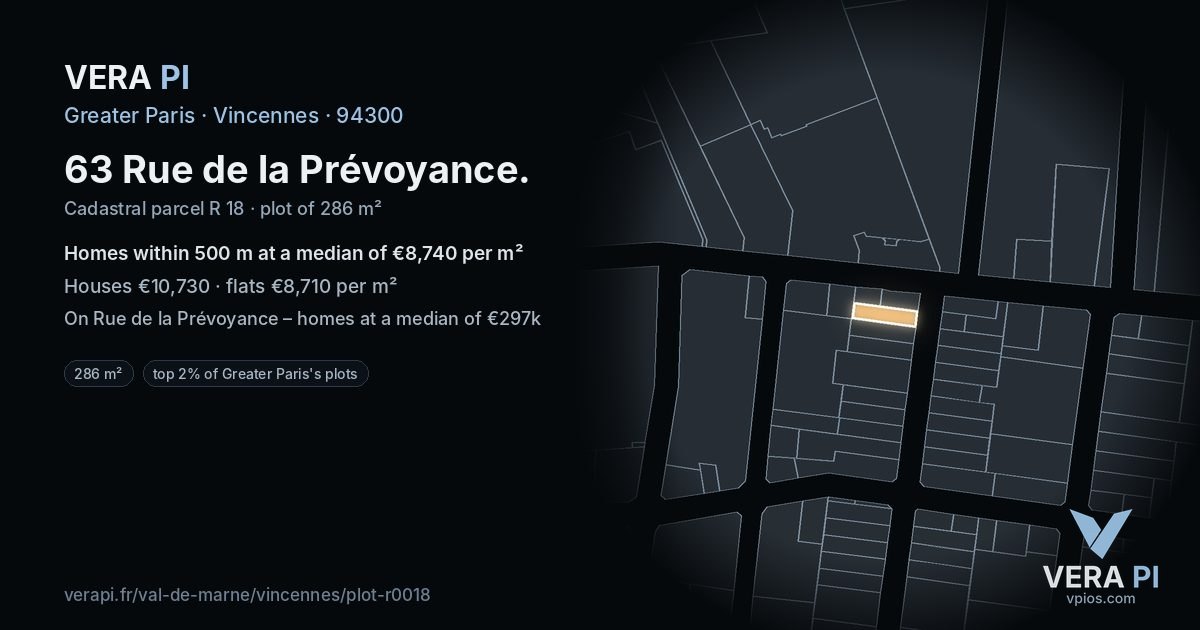 63 Rue de la Prévoyance, Vincennes at night – the plot lit, the parcels around coloured by the prices near them