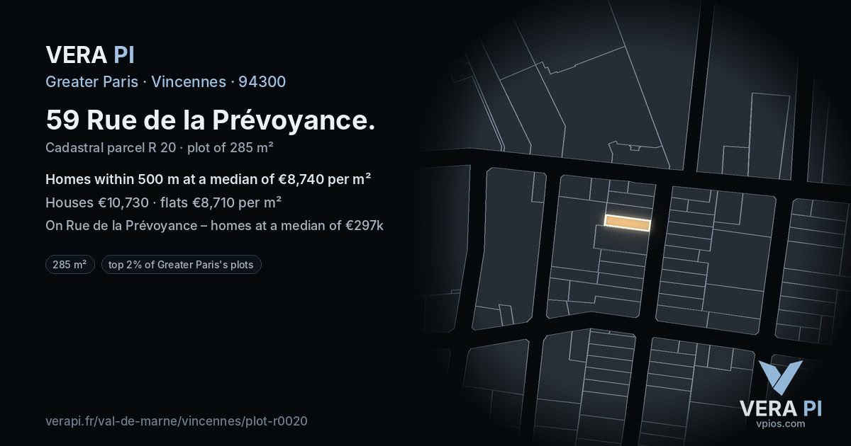 59 Rue de la Prévoyance, Vincennes at night – the plot lit, the parcels around coloured by the prices near them