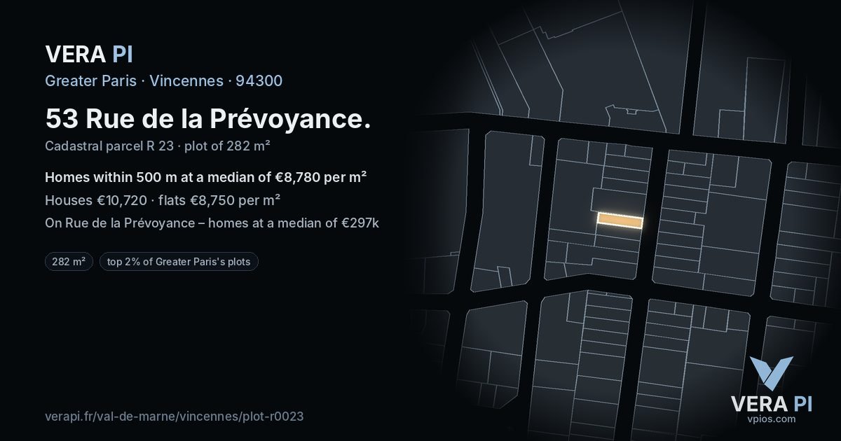 53 Rue de la Prévoyance, Vincennes at night – the plot lit, the parcels around coloured by the prices near them