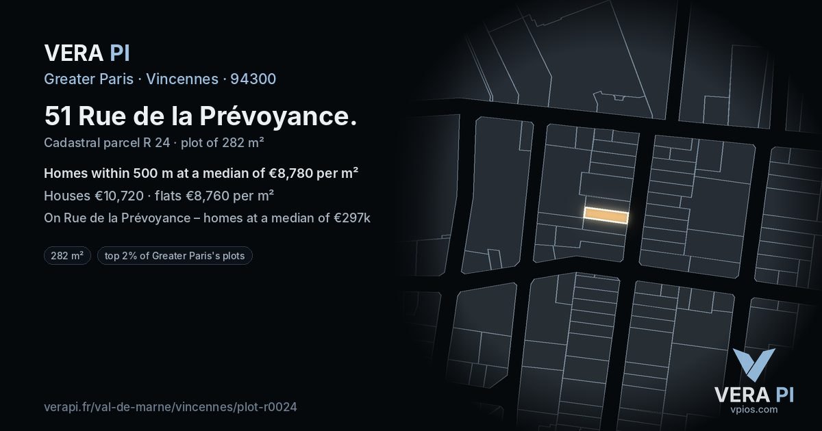51 Rue de la Prévoyance, Vincennes at night – the plot lit, the parcels around coloured by the prices near them