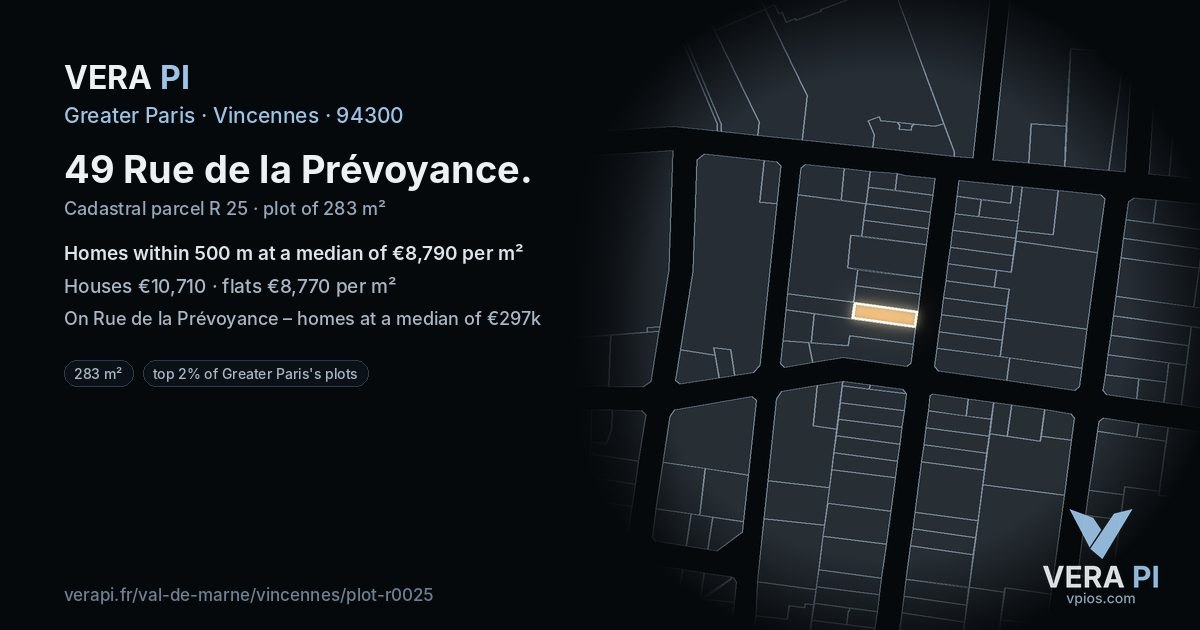 49 Rue de la Prévoyance, Vincennes at night – the plot lit, the parcels around coloured by the prices near them
