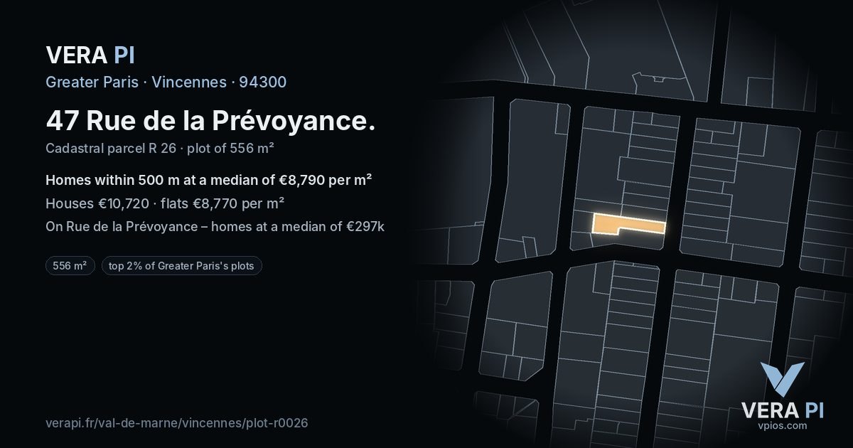 47 Rue de la Prévoyance, Vincennes at night – the plot lit, the parcels around coloured by the prices near them