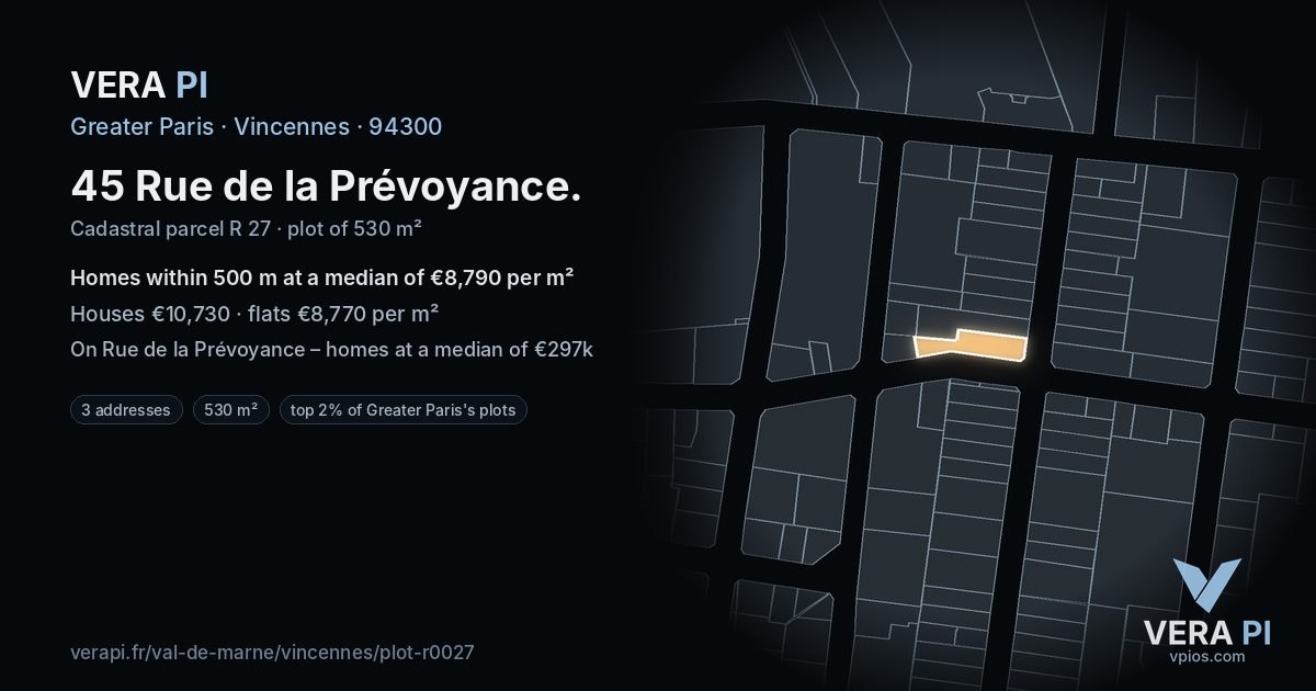 45 Rue de la Prévoyance, Vincennes at night – the plot lit, the parcels around coloured by the prices near them