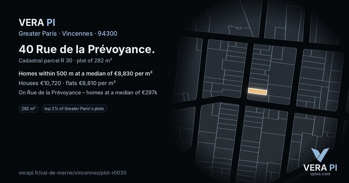 40 Rue de la Prévoyance, Vincennes at night – the plot lit, the parcels around coloured by the prices near them