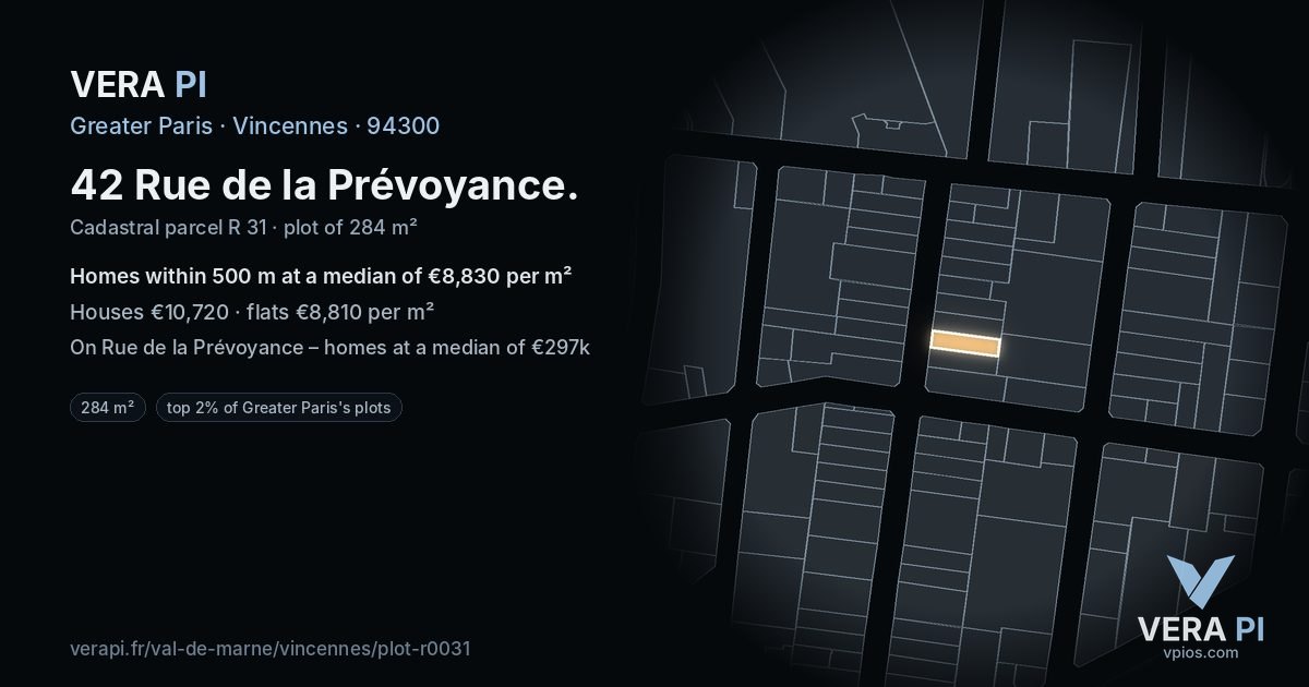 42 Rue de la Prévoyance, Vincennes at night – the plot lit, the parcels around coloured by the prices near them