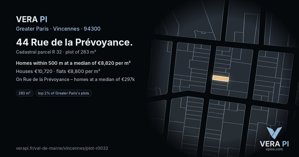 44 Rue de la Prévoyance, Vincennes at night – the plot lit, the parcels around coloured by the prices near them