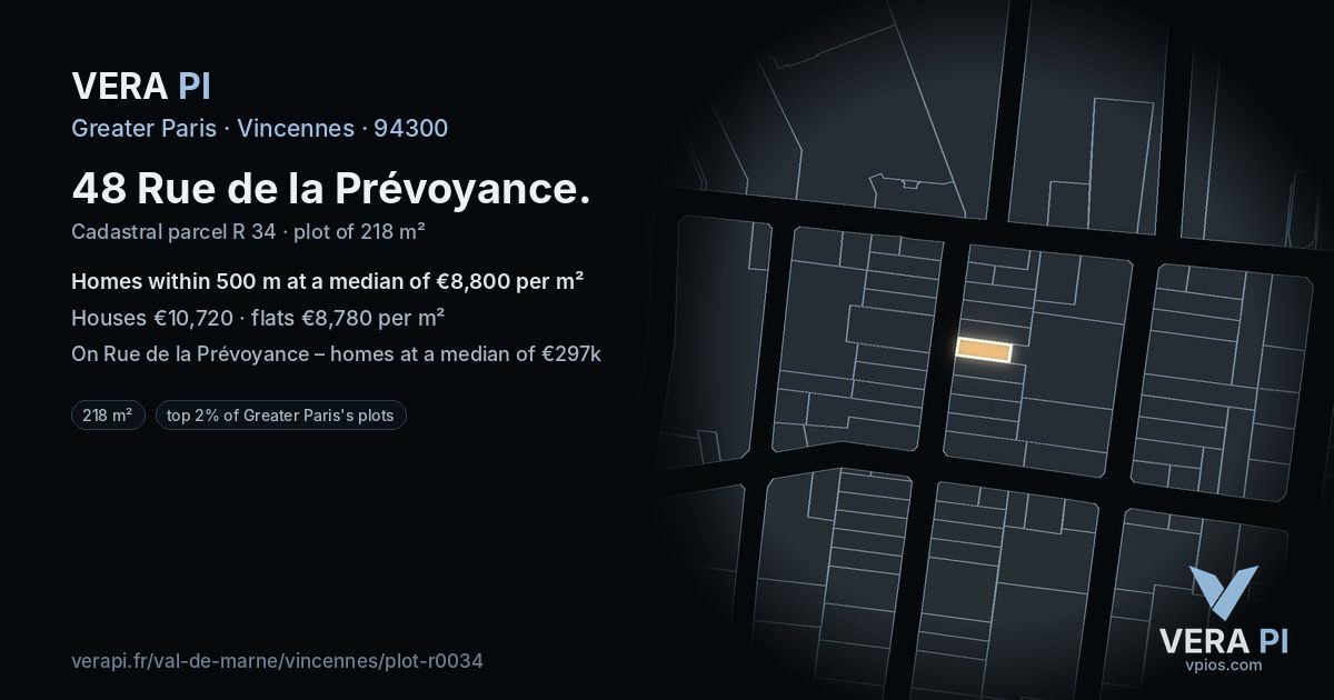 48 Rue de la Prévoyance, Vincennes at night – the plot lit, the parcels around coloured by the prices near them