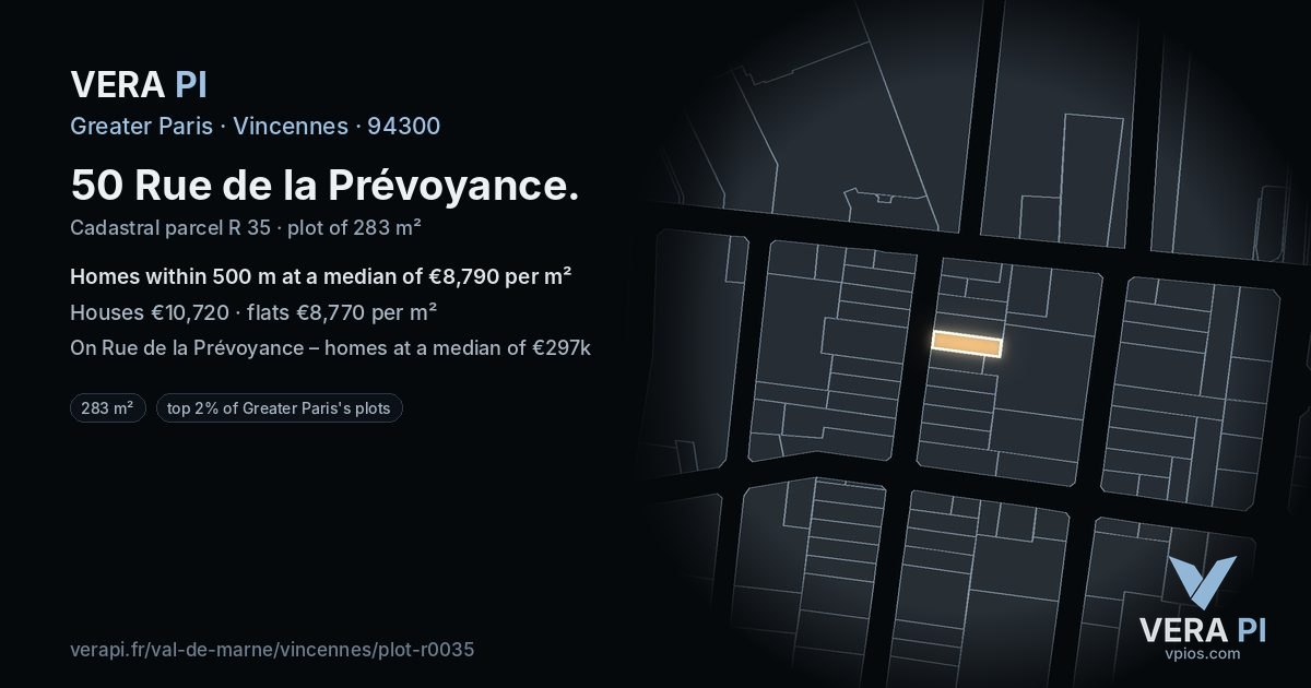 50 Rue de la Prévoyance, Vincennes at night – the plot lit, the parcels around coloured by the prices near them