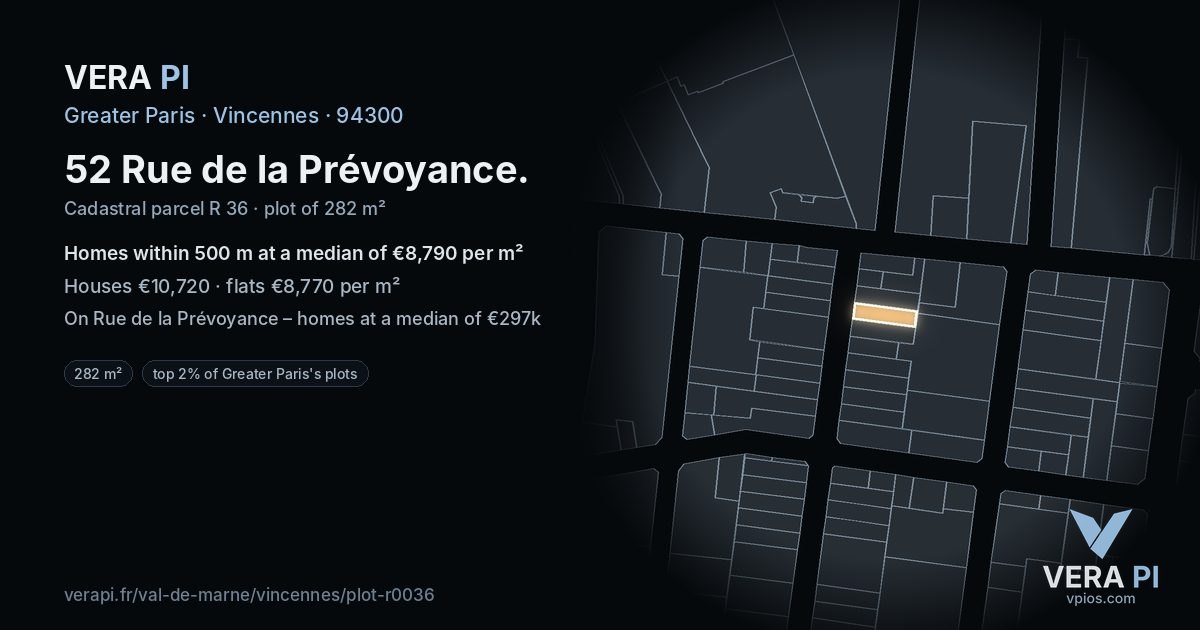 52 Rue de la Prévoyance, Vincennes at night – the plot lit, the parcels around coloured by the prices near them