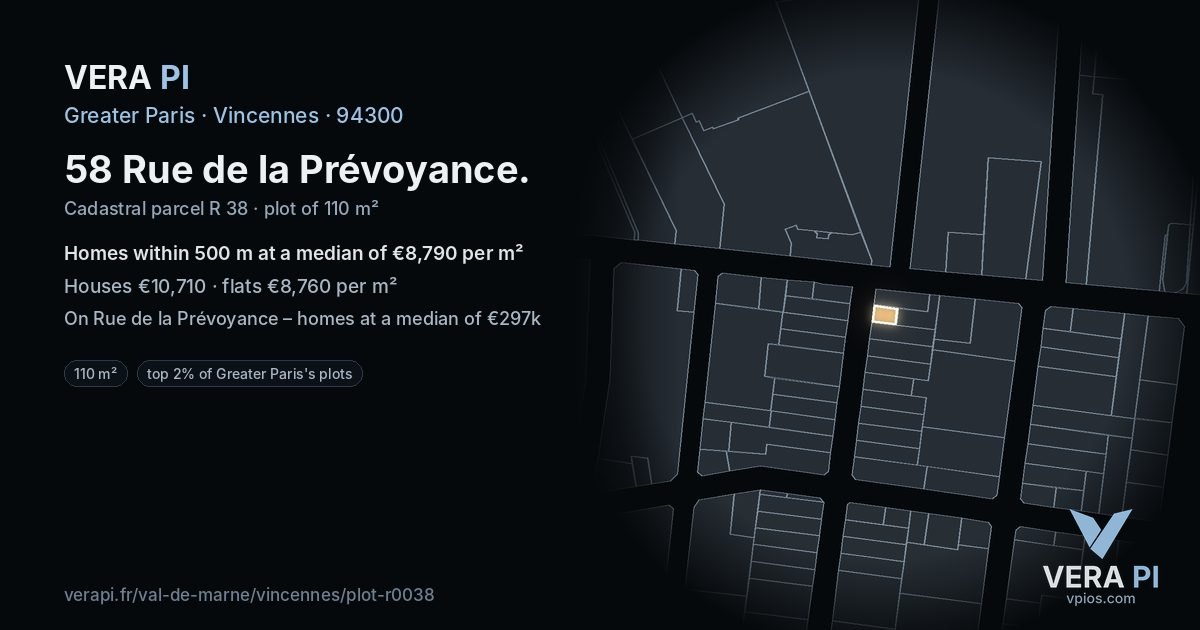 58 Rue de la Prévoyance, Vincennes at night – the plot lit, the parcels around coloured by the prices near them