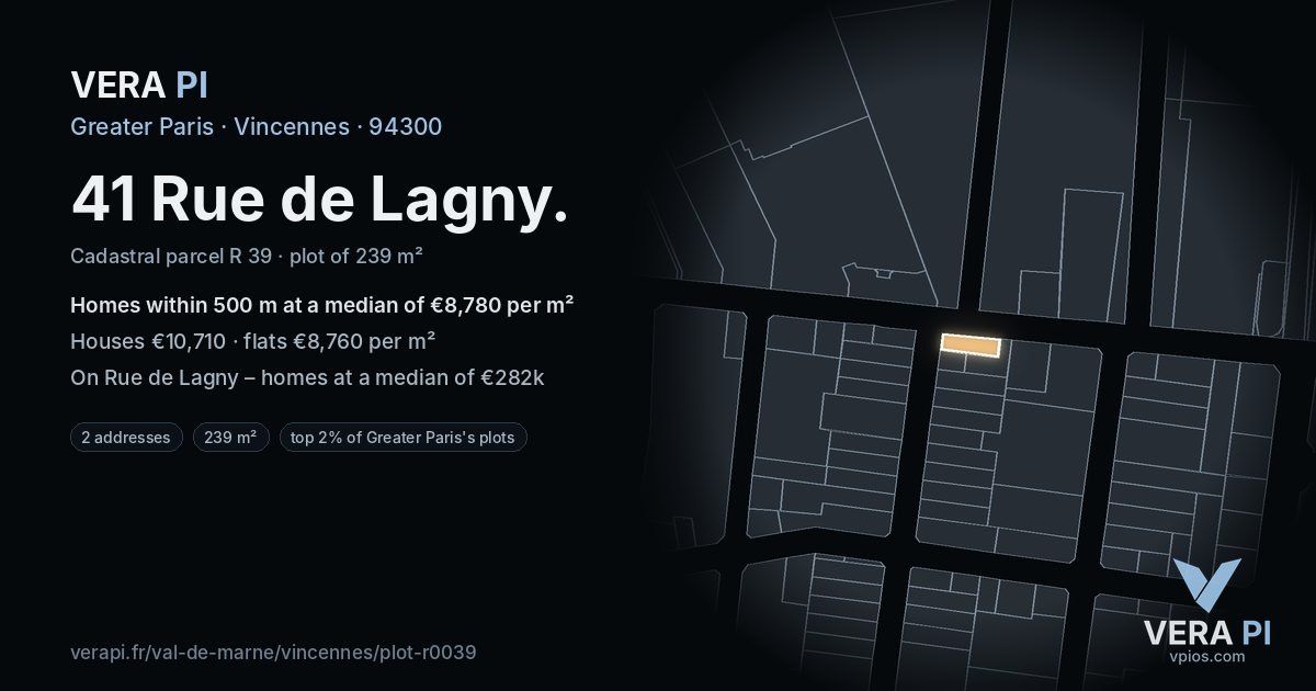 41 Rue de Lagny, Vincennes at night – the plot lit, the parcels around coloured by the prices near them