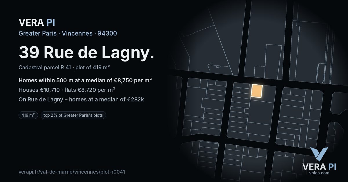 39 Rue de Lagny, Vincennes at night – the plot lit, the parcels around coloured by the prices near them