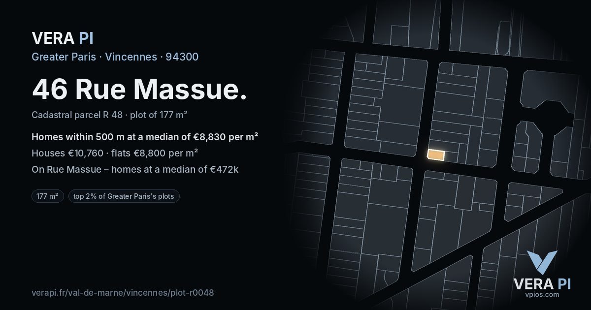 46 Rue Massue, Vincennes at night – the plot lit, the parcels around coloured by the prices near them