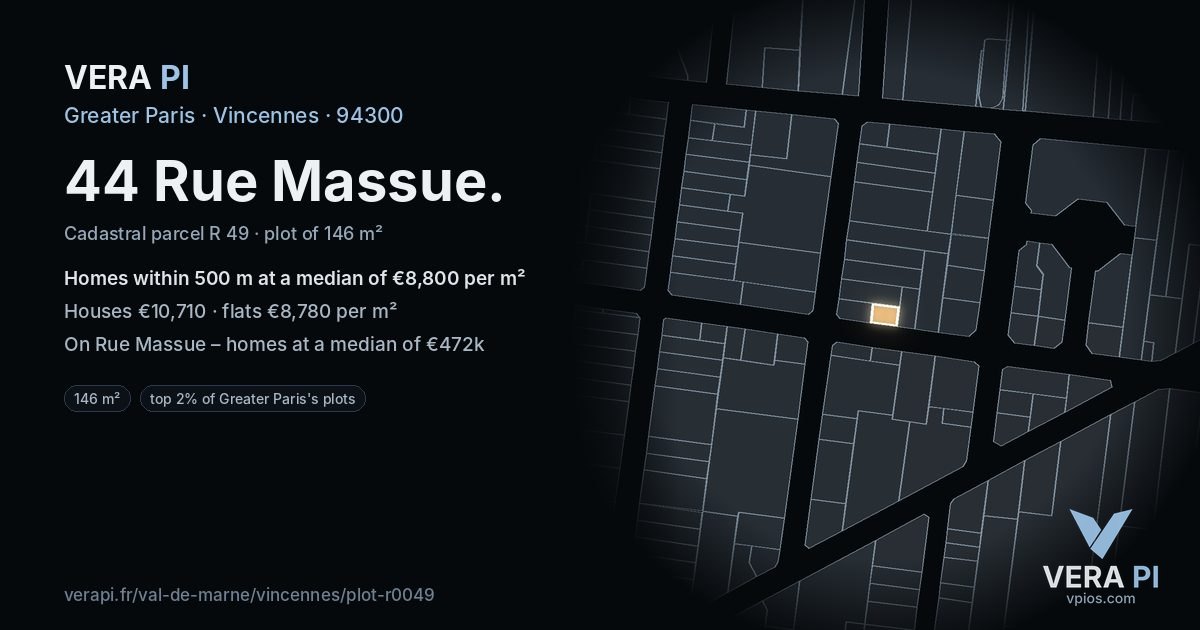 44 Rue Massue, Vincennes at night – the plot lit, the parcels around coloured by the prices near them