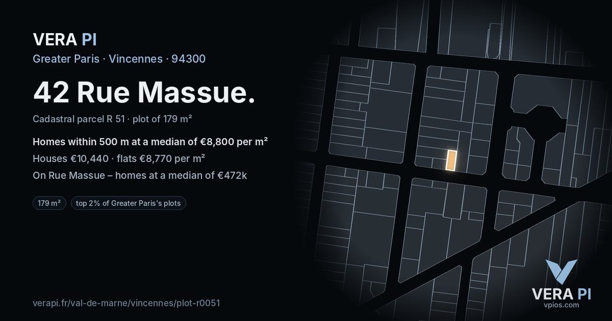 42 Rue Massue, Vincennes at night – the plot lit, the parcels around coloured by the prices near them