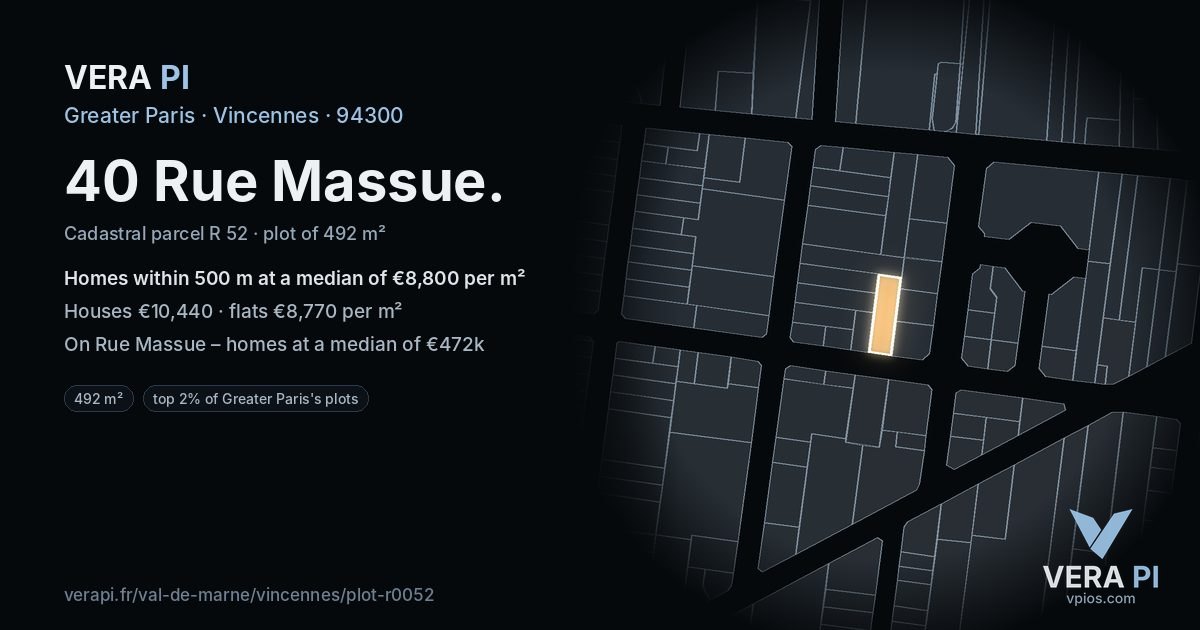 40 Rue Massue, Vincennes at night – the plot lit, the parcels around coloured by the prices near them