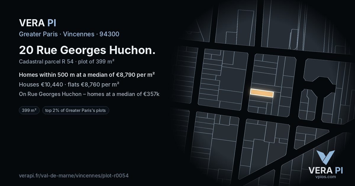 20 Rue Georges Huchon, Vincennes at night – the plot lit, the parcels around coloured by the prices near them