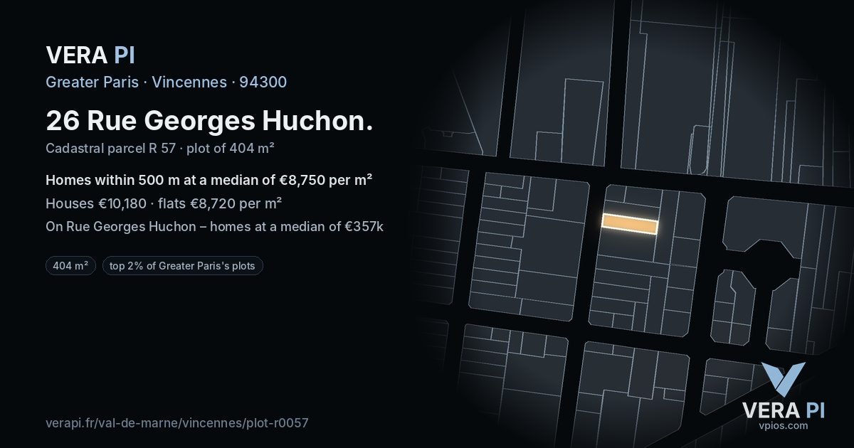 26 Rue Georges Huchon, Vincennes at night – the plot lit, the parcels around coloured by the prices near them