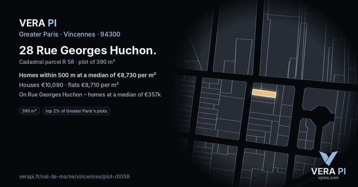 28 Rue Georges Huchon, Vincennes at night – the plot lit, the parcels around coloured by the prices near them