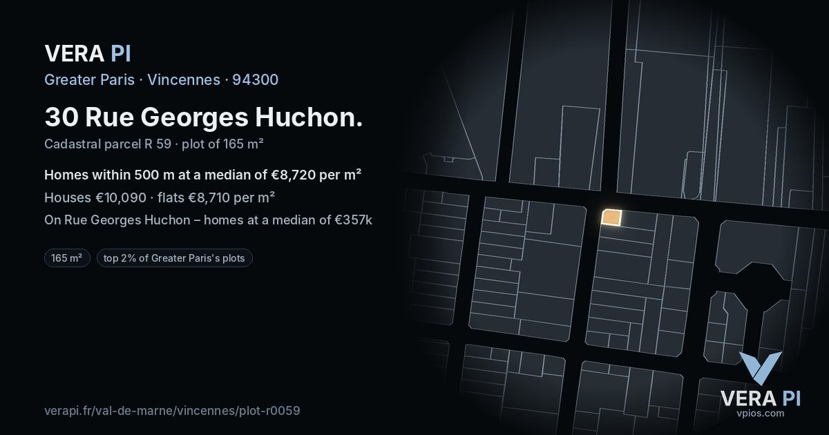30 Rue Georges Huchon, Vincennes at night – the plot lit, the parcels around coloured by the prices near them