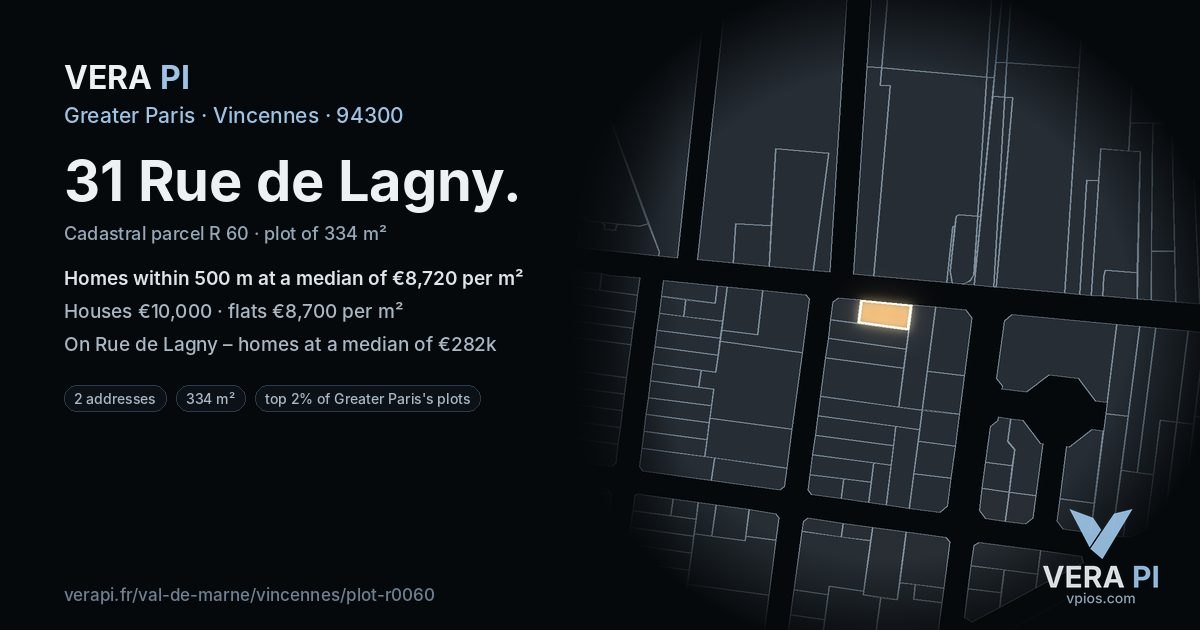 31 Rue de Lagny, Vincennes at night – the plot lit, the parcels around coloured by the prices near them
