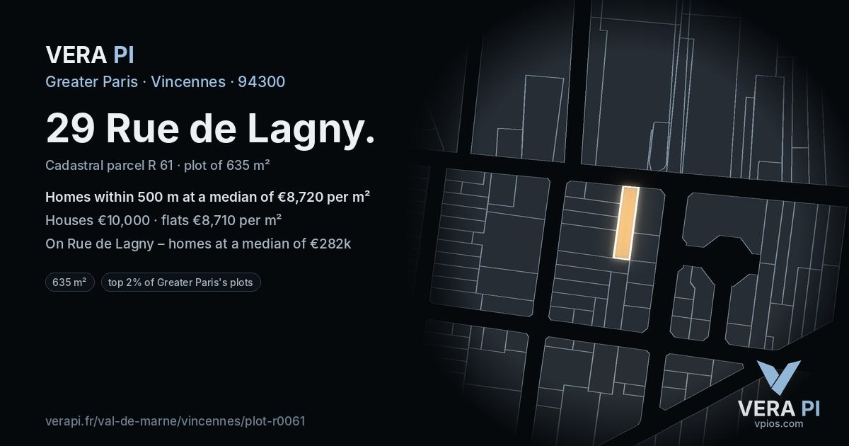 29 Rue de Lagny, Vincennes at night – the plot lit, the parcels around coloured by the prices near them